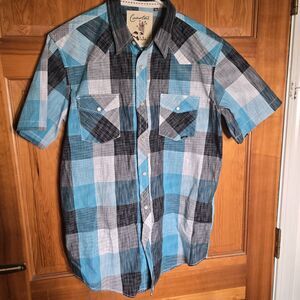 Coastal Pearl Snap Mens Medium Plaid Short Sleeve Button Down Shirt 100% Cotton